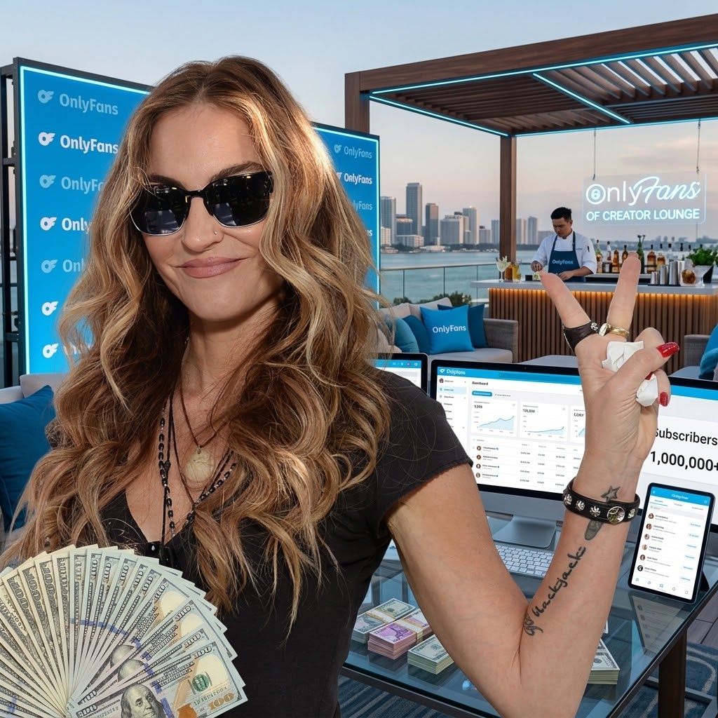 Drea de Matteo holding a fan of hundred-dollar bills with OnlyFans branding in the background, representing revenue from her Drea De Matteo OnlyFans page.