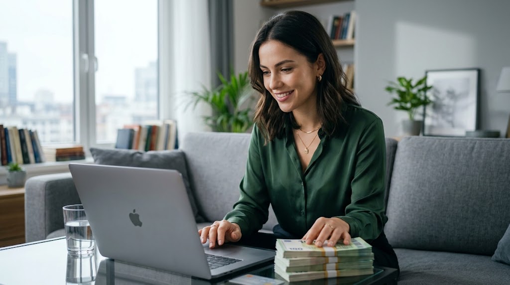 A smiling woman working on her laptop on a grey sofa with stacks of cash on the coffee table, illustrating the strategy behind Top OnlyFans Earners.