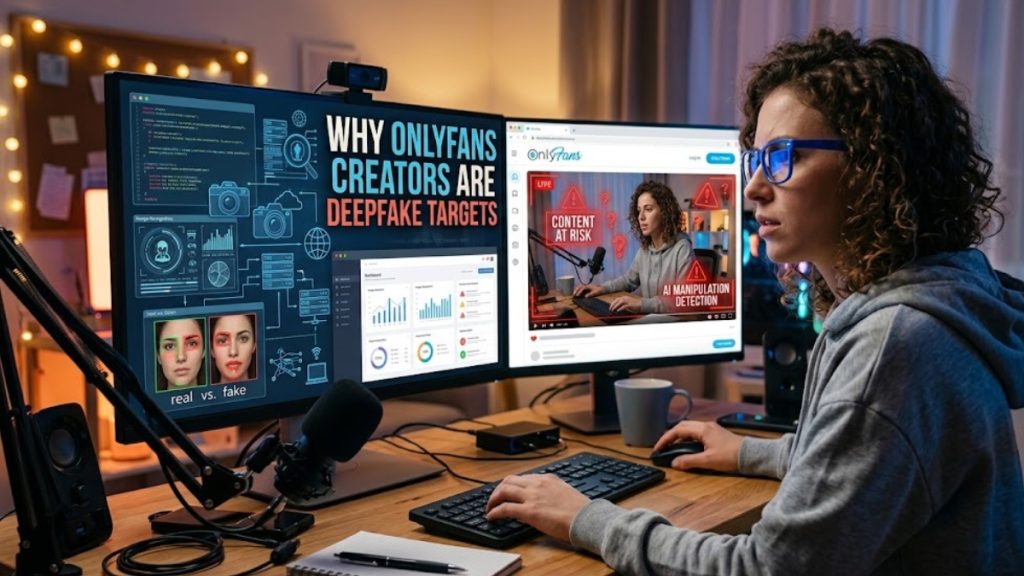 A woman with curly hair and blue glasses sitting at a dual-monitor computer desk analyzing digital security, facial recognition graphics, and warnings about AI Deepfake Impersonators targeting creators.