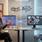 A split image illustrating AI OnlyFans concepts, showing a female content creator sitting at a desk with cameras and lighting on the left, next to a humanoid robot at a computer setup on the right