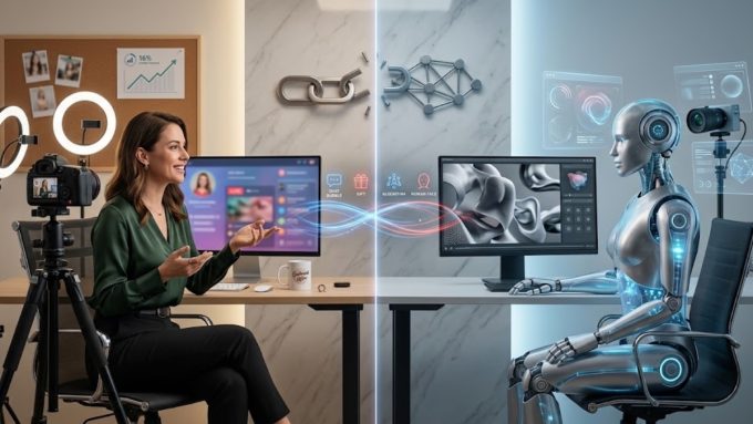 A split image illustrating AI OnlyFans concepts, showing a female content creator sitting at a desk with cameras and lighting on the left, next to a humanoid robot at a computer setup on the right