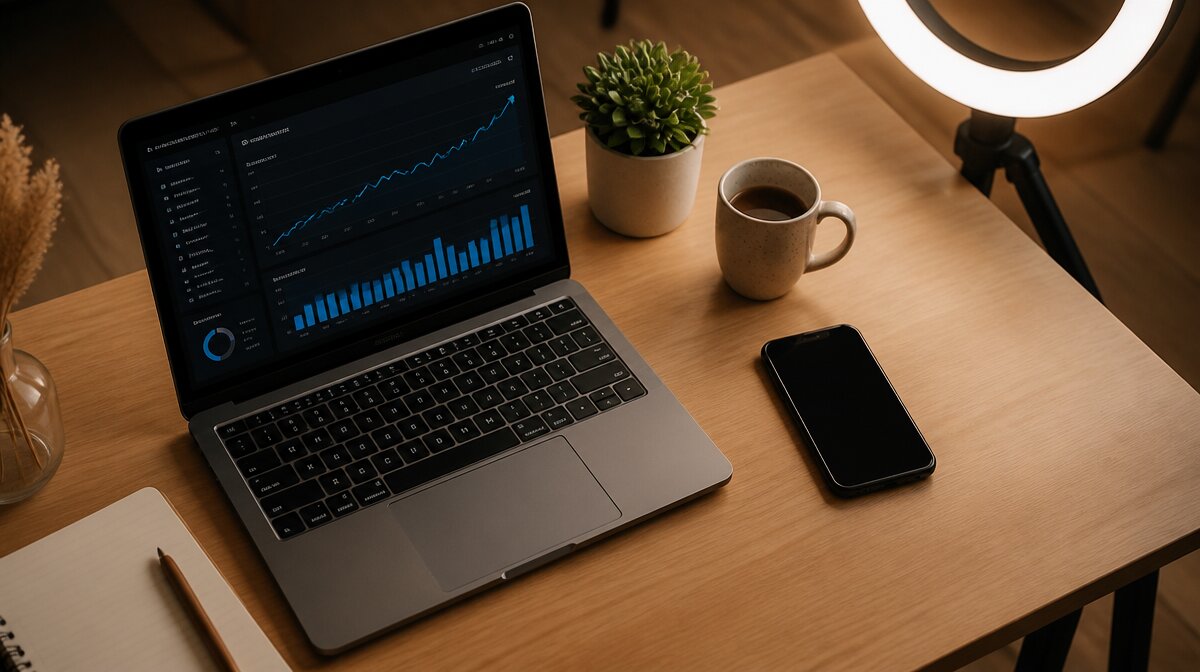 Content creator workspace with laptop showing analytics dashboard and ring light