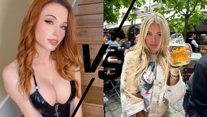 Side-by-side comparison graphic featuring streamer Amouranth and content creator Corinna Kopf for an Amouranth vs Corinna Kopf OnlyFans analysis.