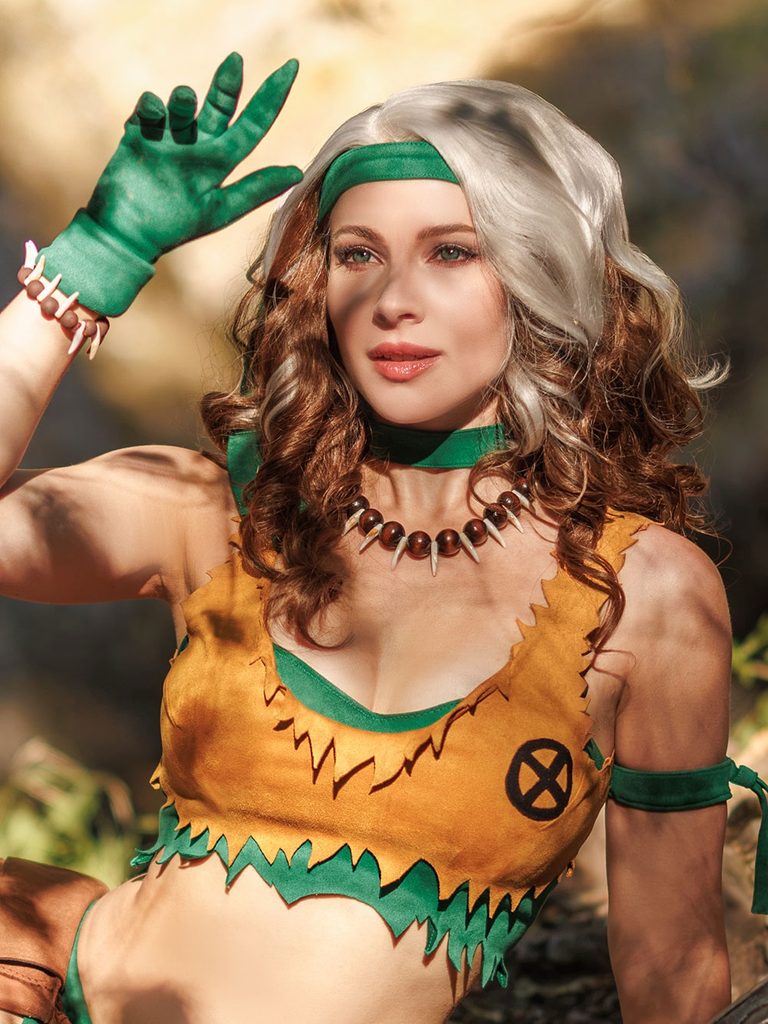Cosplayer Enji Night dressed as Rogue from X-Men, showcasing comic book fandom content common on Nerdy OnlyFans.