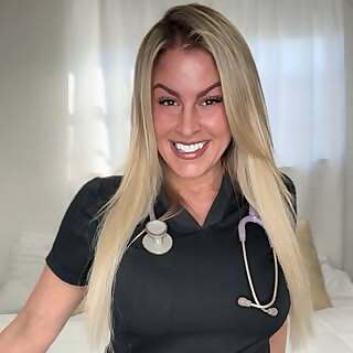 Smiling blonde nurse OnlyFans creator Gwendolyn Patricia in black scrubs with a stethoscope around her neck.