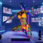A futuristic studio setup surrounded by digital profile grids and screens, illustrating tips on how to find new OnlyFans creators without wasting money