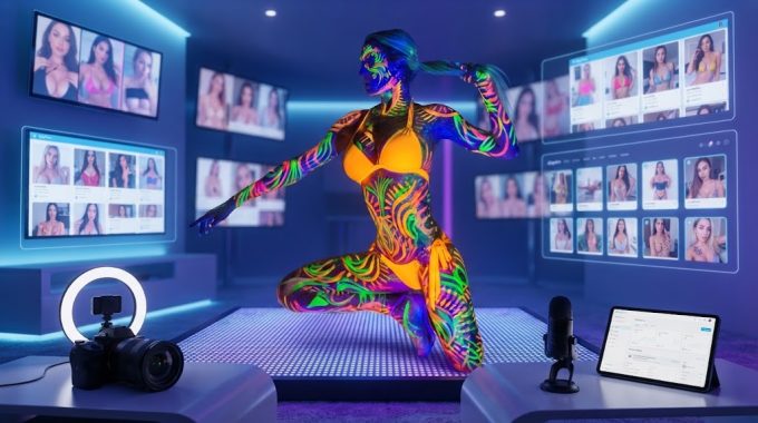 A futuristic studio setup surrounded by digital profile grids and screens, illustrating tips on how to find new OnlyFans creators without wasting money