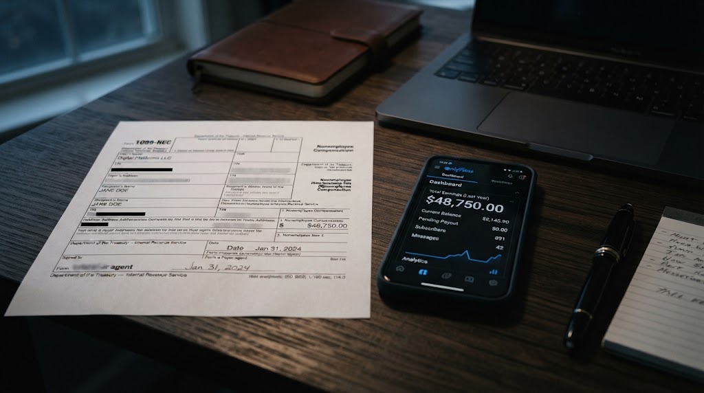 A desk setup featuring an IRS 1099-NEC tax form alongside a smartphone displaying an OnlyFans earnings dashboard, highlighting record-keeping for OnlyFans