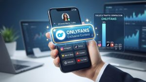 Visual graphic illustrating an OnlyFans Linktree setup alongside platform traffic charts and analytics monitors.