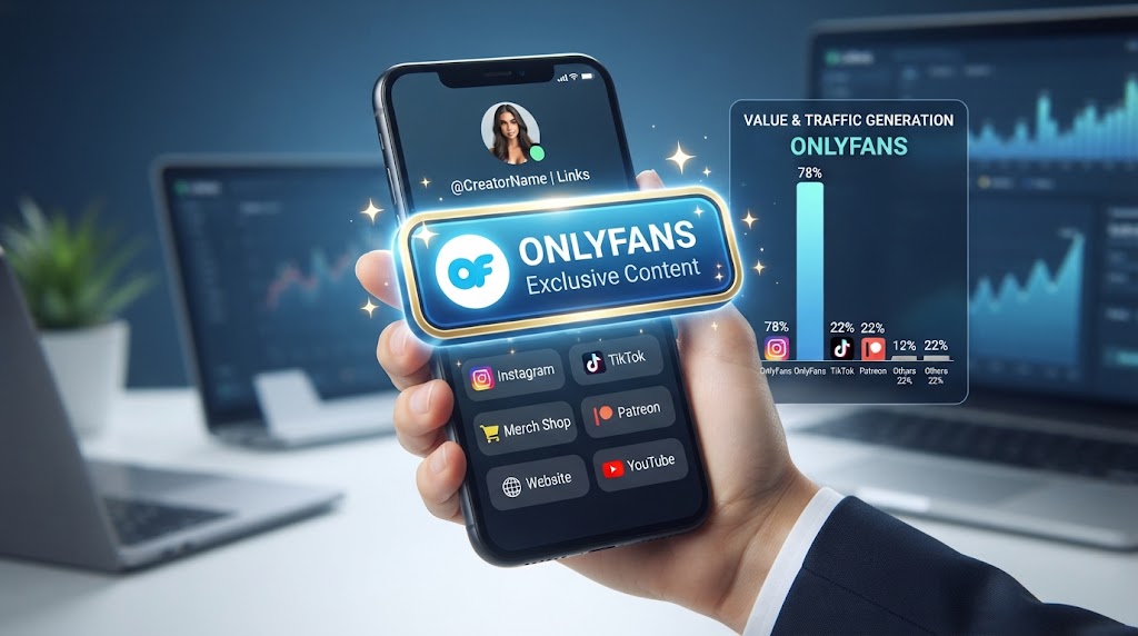 Visual graphic illustrating an OnlyFans Linktree setup alongside platform traffic charts and analytics monitors.