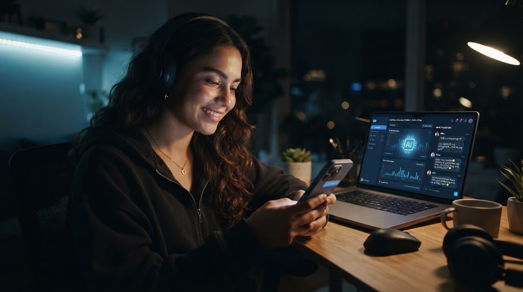 A smiling content creator using a smartphone at night while an open laptop in the background demonstrates how OnlyFans AI bots are used to manage direct messages.
