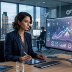 A professional businesswoman analyzing growth charts on a large monitor in a modern office, representing OnlyFans agency commission rates and revenue analytics.