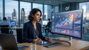 A professional businesswoman analyzing growth charts on a large monitor in a modern office, representing OnlyFans agency commission rates and revenue analytics.