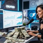 OnlyFans creator earnings concept showing a woman at a computer desk surrounded by cash stacks, analytics growth charts, and content creation gear.