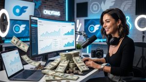 OnlyFans creator earnings concept showing a woman at a computer desk surrounded by cash stacks, analytics growth charts, and content creation gear.
