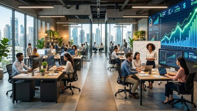 Modern corporate office with employees monitoring financial growth charts on large screens, illustrating OnlyFans making $715 million in profit with 47 employees.