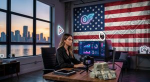Featured banner showing a woman working at a multi-monitor desk setup with stacks of cash and an American flag wall graphic, highlighting OnlyFans Spending 2026 projections showing the US on pace for $5.26B.