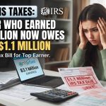 A stressed creator looking at paperwork and a laptop displaying earnings, illustrating an article about OnlyFans Taxes where a top earner owes the IRS $1.1 million