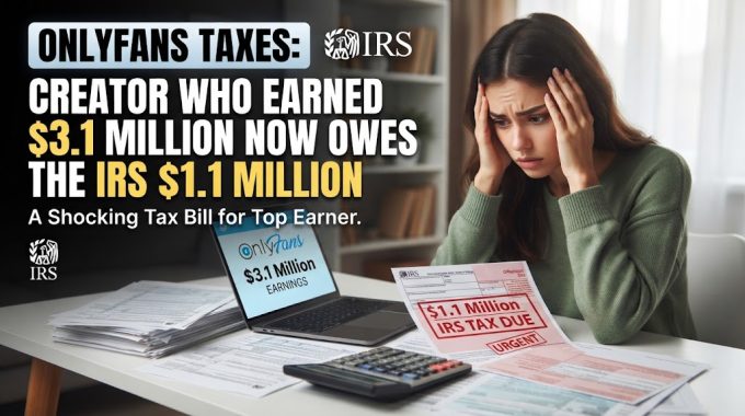 A stressed creator looking at paperwork and a laptop displaying earnings, illustrating an article about OnlyFans Taxes where a top earner owes the IRS $1.1 million
