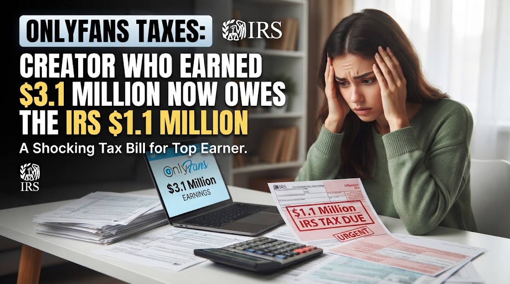 A stressed creator looking at paperwork and a laptop displaying earnings, illustrating an article about OnlyFans Taxes where a top earner owes the IRS $1.1 million