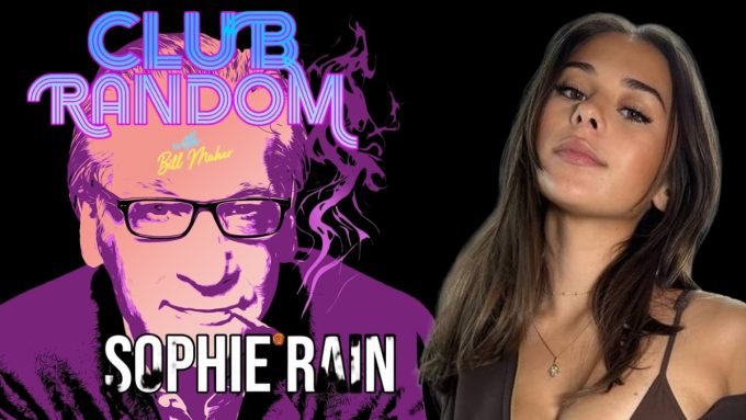 Graphic for Club Random with Bill Maher featuring creator Sophie Rain alongside topics surrounding Sophie Rain OnlyFans earnings.