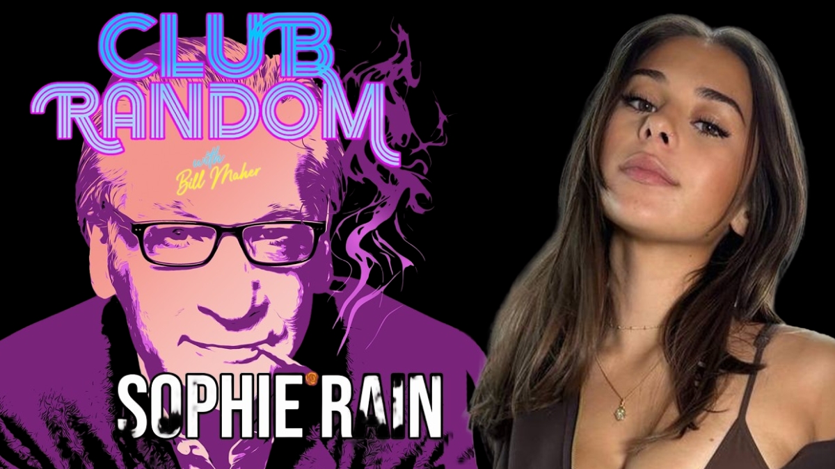 Graphic for Club Random with Bill Maher featuring creator Sophie Rain alongside topics surrounding Sophie Rain OnlyFans earnings.