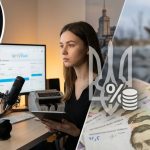 A split image illustrating a Ukraine OnlyFans creator working at a desk setup with ring lights and recording gear alongside Ukrainian currency and the Tryzub emblem with a percent tax icon.