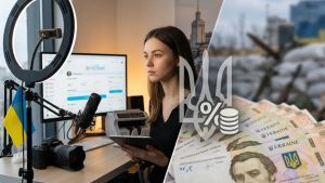 A split image illustrating a Ukraine OnlyFans creator working at a desk setup with ring lights and recording gear alongside Ukrainian currency and the Tryzub emblem with a percent tax icon.