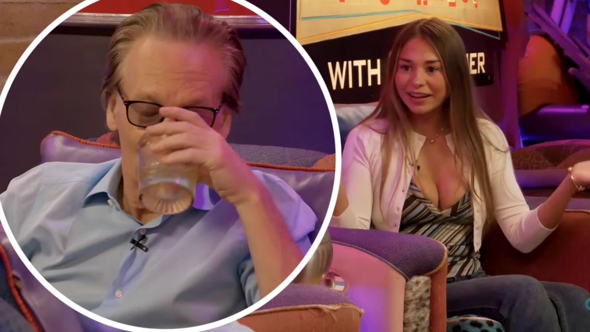 Bill Maher drinking from a glass during an interview alongside discussion on Sophie Rain OnlyFans earnings while facing skeptical reactions.