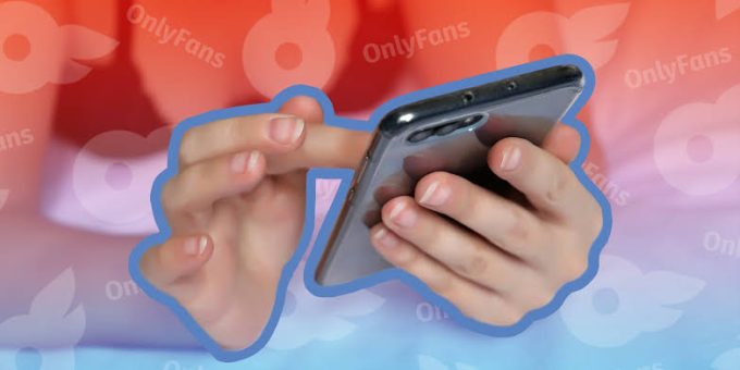 Close-up of hands typing on a smartphone with the OnlyFans logo background, addressing the question: Can OnlyFans Creators See Your Email?