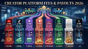 Infographic illustrating Creator Platform Fees and payouts across 8 major websites for 2026, comparing net creator earnings and platform cuts based on $1,000 in fan spending.