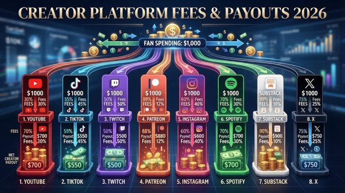 Infographic illustrating Creator Platform Fees and payouts across 8 major websites for 2026, comparing net creator earnings and platform cuts based on $1,000 in fan spending.