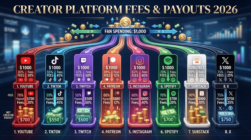 Infographic illustrating Creator Platform Fees and payouts across 8 major websites for 2026, comparing net creator earnings and platform cuts based on $1,000 in fan spending.