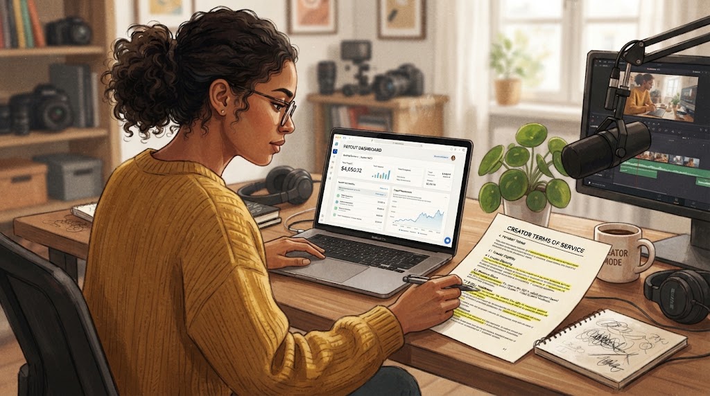 Creator reviewing payout terms and earnings dashboard on a laptop