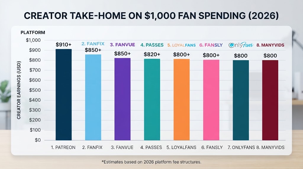 Bar chart comparing creator take-home earnings on $1,000 fan spending across platforms for 2026, highlighting how Creator Platform Fees impact net payouts on sites like Patreon, Fanfix, and OnlyFans.