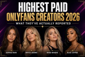 Promotional title graphic for "Highest Paid OnlyFans Creators 2026 – What They've Actually Reported" featuring portrait photos of top platform earners Sophie Rain, Bryce Adams, Bhad Bhabie, and Blac Chyna.