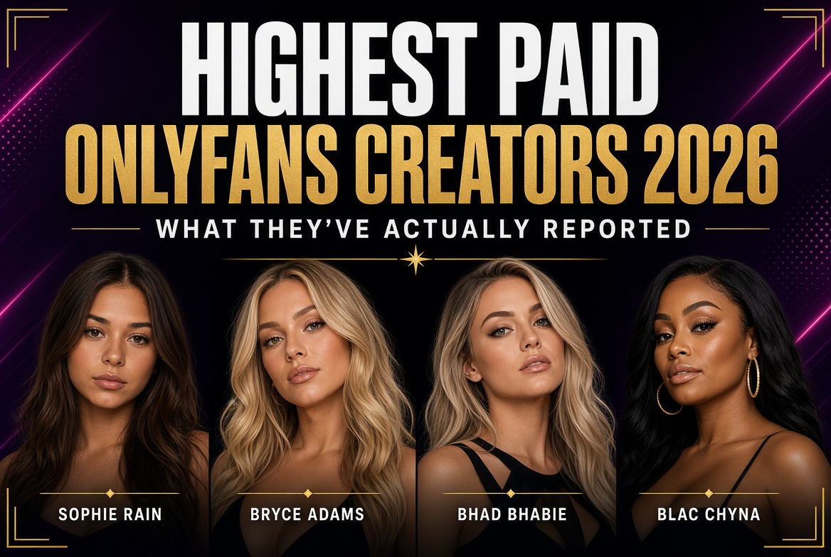 Promotional title graphic for "Highest Paid OnlyFans Creators 2026 – What They've Actually Reported" featuring portrait photos of top platform earners Sophie Rain, Bryce Adams, Bhad Bhabie, and Blac Chyna.