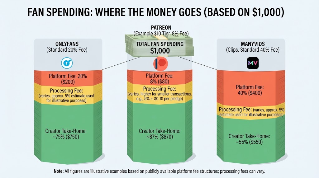 Breakdown chart demonstrating how $1,000 in fan spending is split into Creator Platform Fees, processing fees, and net take-home earnings on OnlyFans, Patreon, and ManyVids.