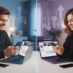 A side-by-side comparison illustrating a male vs female onlyfans creator analyzing subscription pricing and financial trends on laptops.