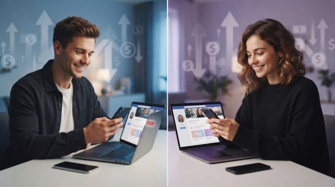 A side-by-side comparison illustrating a male vs female onlyfans creator analyzing subscription pricing and financial trends on laptops.