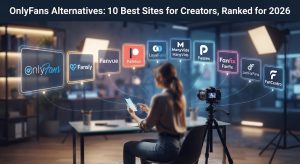 OnlyFans Alternatives: Creator sitting at a desk with a camera and glowing holographic icons of top subscription platforms