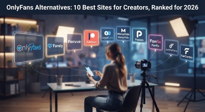 OnlyFans Alternatives: Creator sitting at a desk with a camera and glowing holographic icons of top subscription platforms