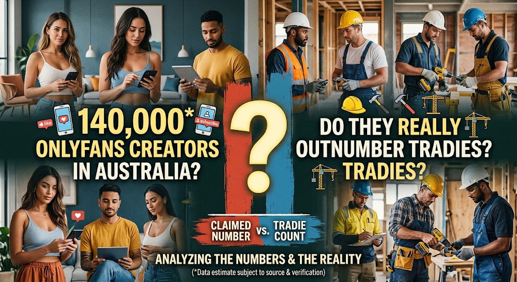 A split-comparison image highlighting Australia OnlyFans statistics on one side and a tradie count on the other, questioning whether digital creators outnumber trade workers.