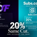 A side-by-side comparison infographic for subs.com vs onlyfans showing both platforms charge a 20% platform fee, with OnlyFans noting content guidelines and payout holds while Subs.com highlights straightforward terms and fast payouts.