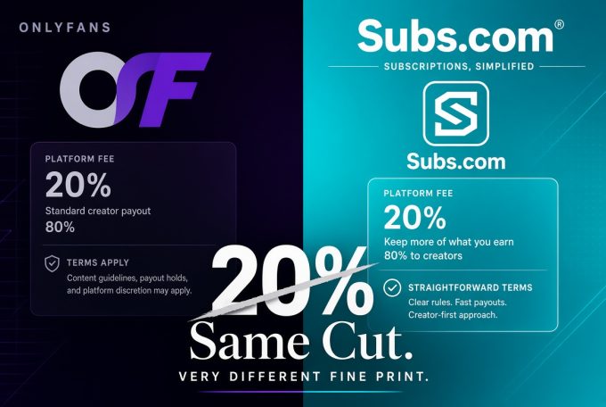 A side-by-side comparison infographic for subs.com vs onlyfans showing both platforms charge a 20% platform fee, with OnlyFans noting content guidelines and payout holds while Subs.com highlights straightforward terms and fast payouts.