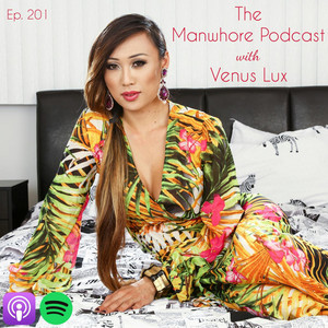 Venus Lux promoting an episode of her podcast in a tropical-print outfit.