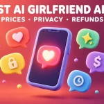 Colourful 3D illustration of a smartphone with a glowing heart chat bubble surrounded by five speech bubbles, with the headline Best AI Girlfriend Apps