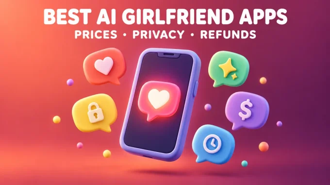 Colourful 3D illustration of a smartphone with a glowing heart chat bubble surrounded by five speech bubbles, with the headline Best AI Girlfriend Apps