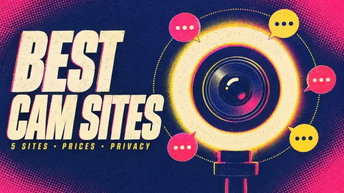 Poster-style graphic of a glowing ring light and webcam lens circled by five chat bubbles, with the headline Best Cam Sites