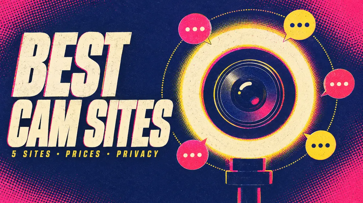 Poster-style graphic of a glowing ring light and webcam lens circled by five chat bubbles, with the headline Best Cam Sites